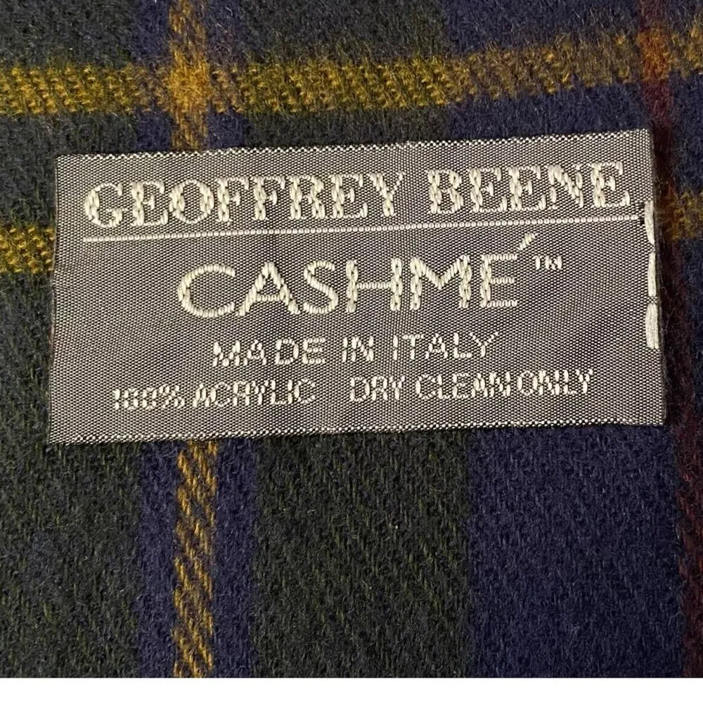 Geoffrey Beene Plaid Cashme 100% Acrylic Scarf Blue Fringe One Size Italy Unisex